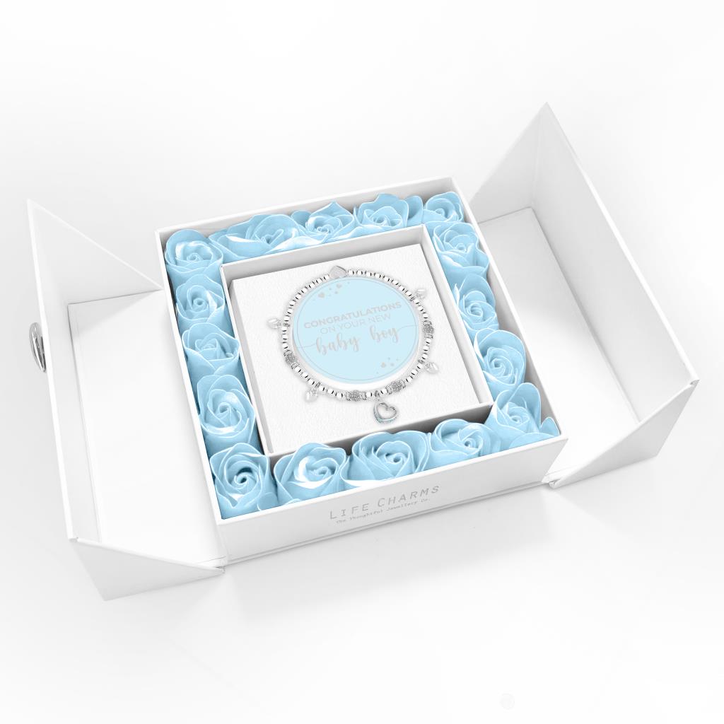 Life Charms - Baby Boy - Sparkling Heart Charm Bracelet in Flower Box