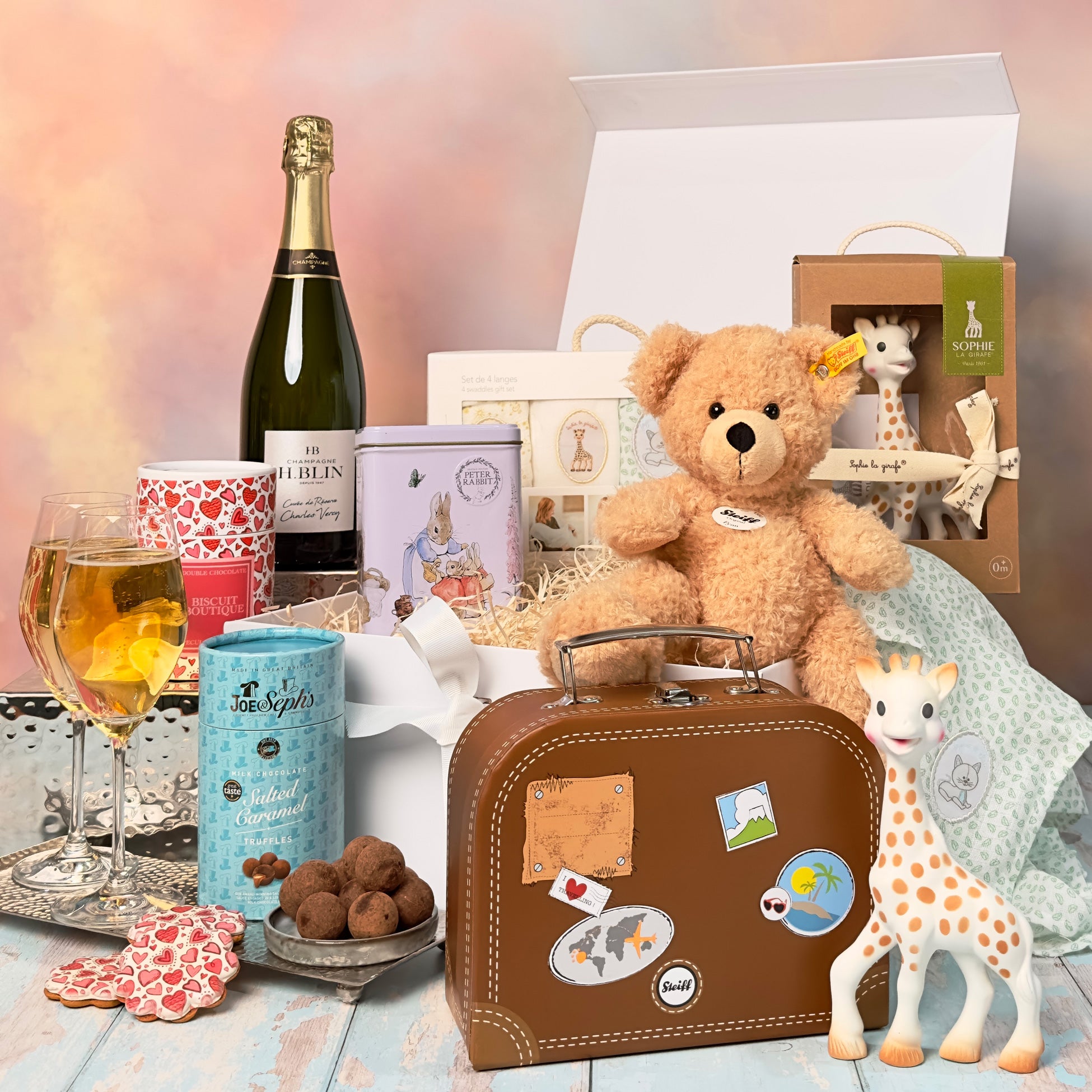 The New Baby Celebration Hamper - with Heirloom Steiff & Sophie the Giraffe