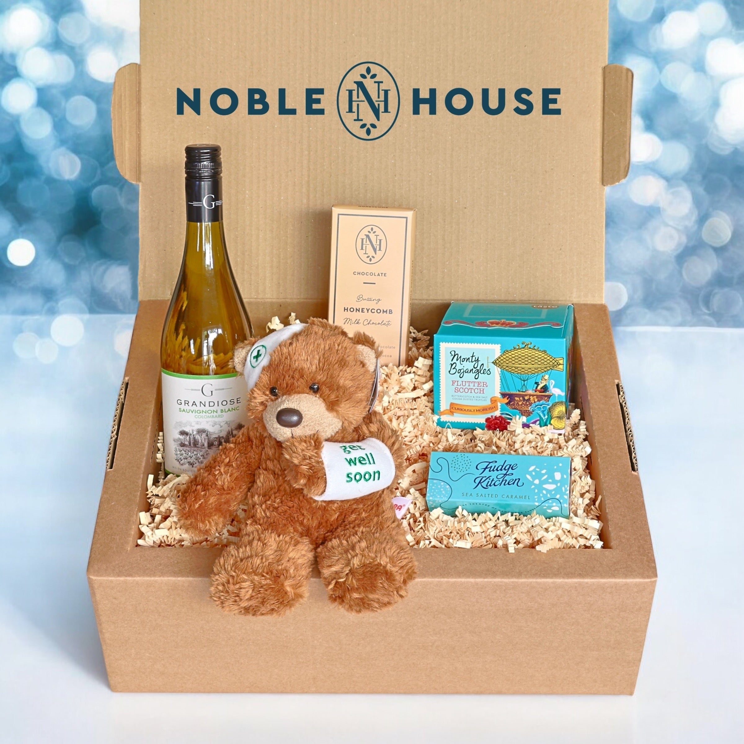 Get Well Soon Gift Set with Gorgeous Get Well Teddy Bear, Wine, Truffles & Treats