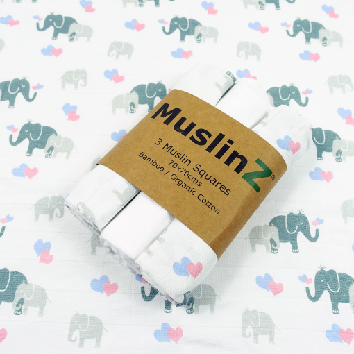 Bamboo/Organic Cotton Muslin Squares 70x70cm Pack of 3 – Elephant Design