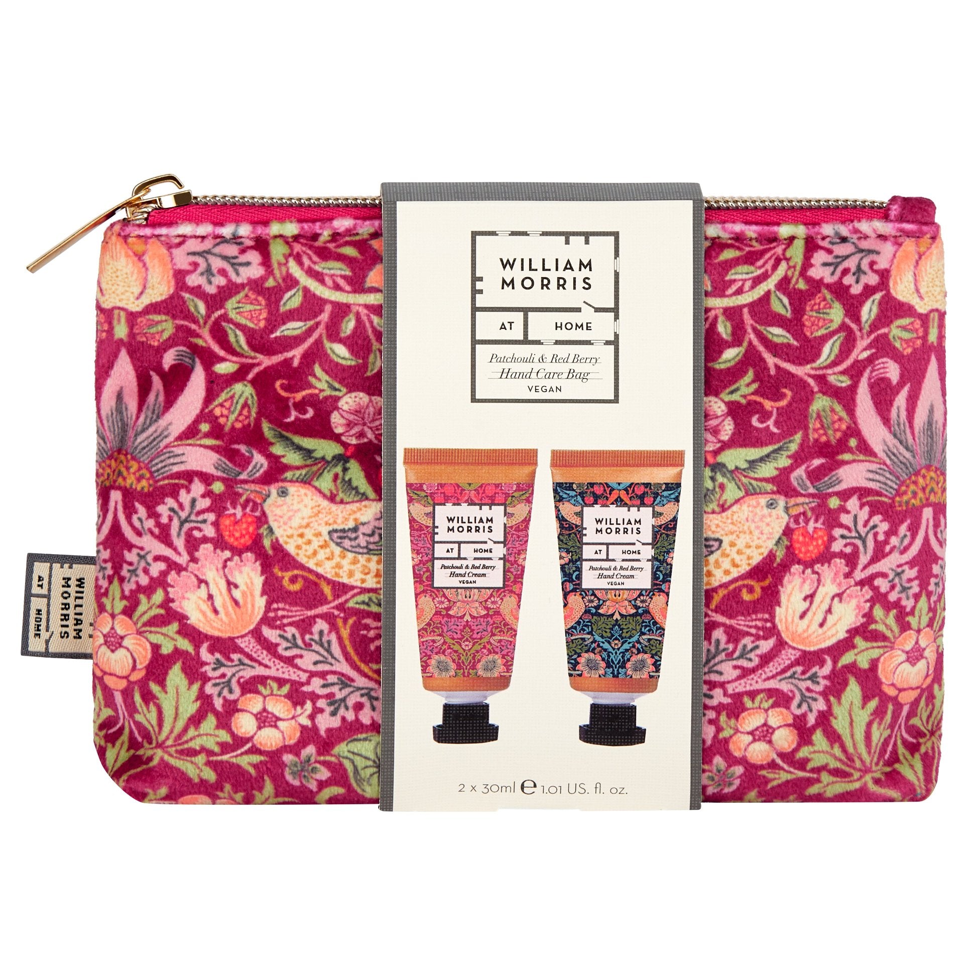 raspberry velvet Strawberry Thief cosmetic bag filled with hand care makes a perfect gift. Tucked inside are two enticingly scented pocket hand creams- from Noble House Gifts and Hampers