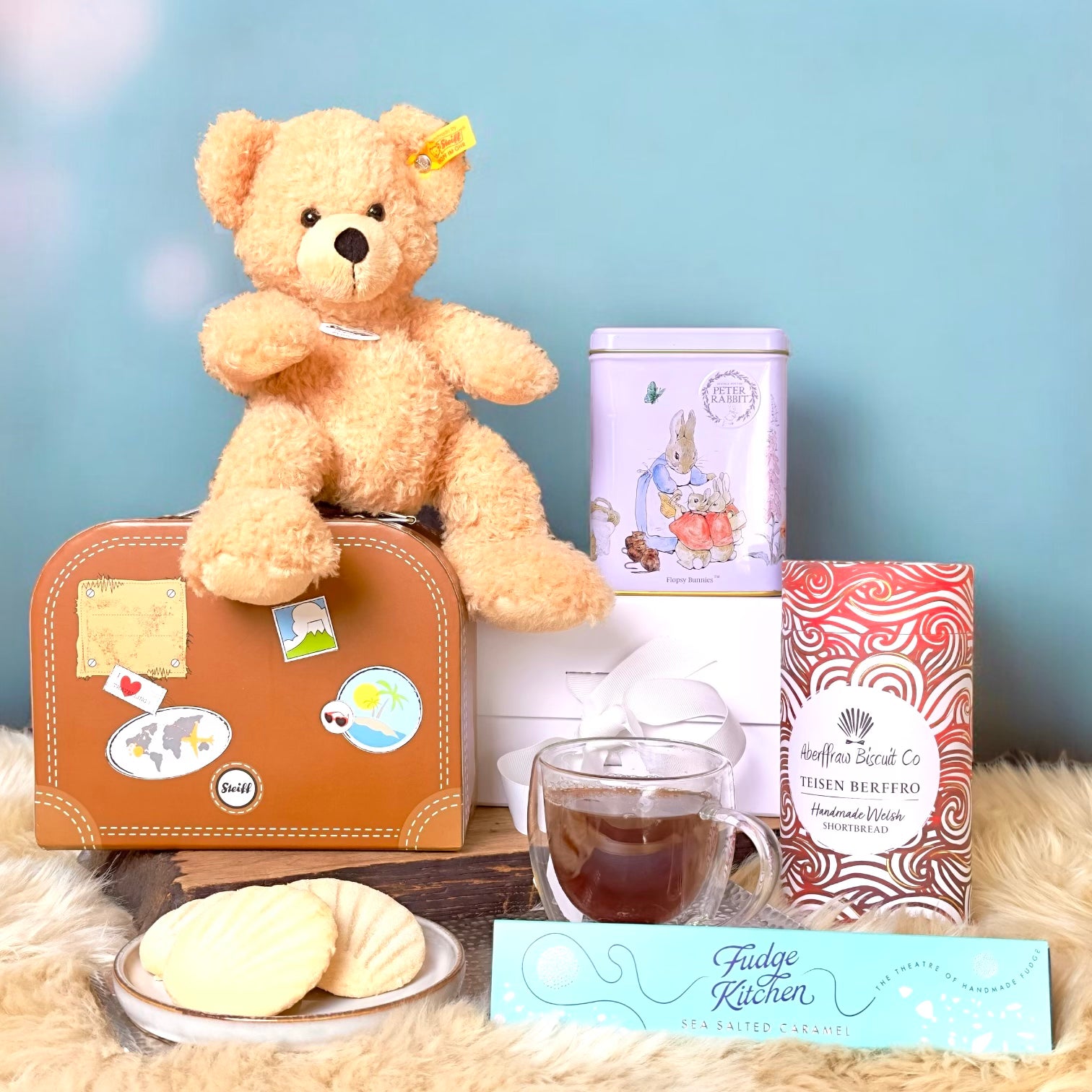 New Baby and Parent Gift: Steiff Fynn Teddy Bear with Suitcase Hamper