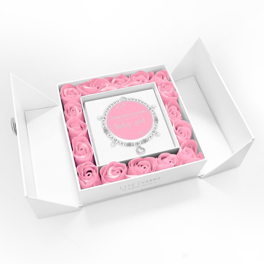 Life Charms - Baby Girl - Sparkling Heart Charm Bracelet in Flower Box