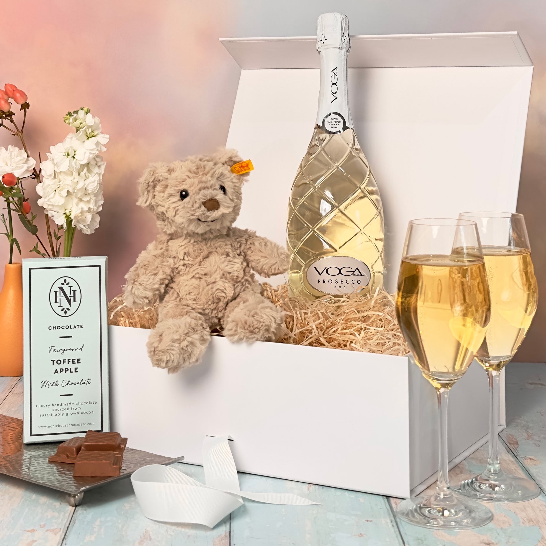 New Baby and Parent Hamper: Steiff Teddy, Chocs and Bubbles